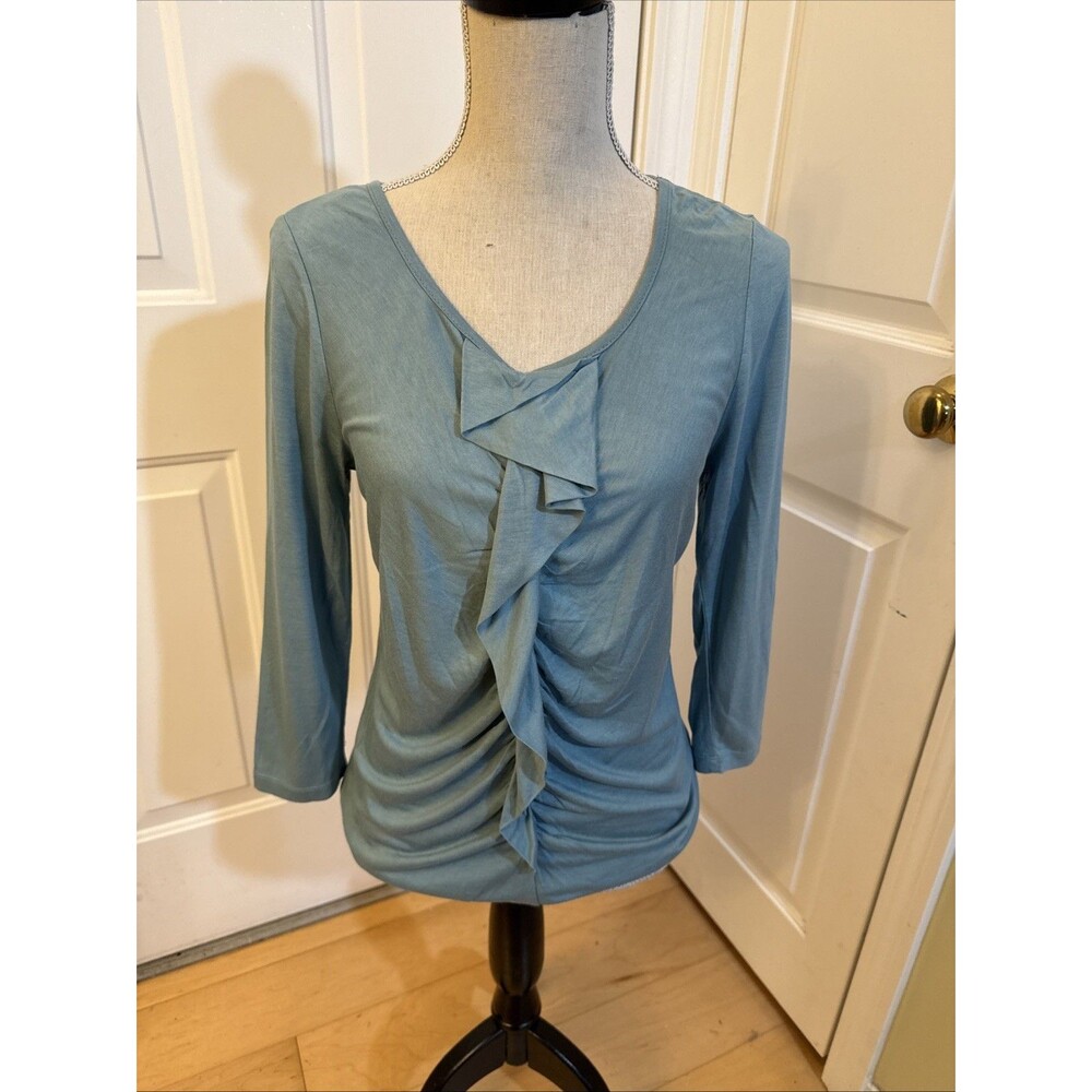 RUFFLED LONGSLEEVED Talbots Soft Aqua Rayon Blend Ruffle Women’s Top Size S